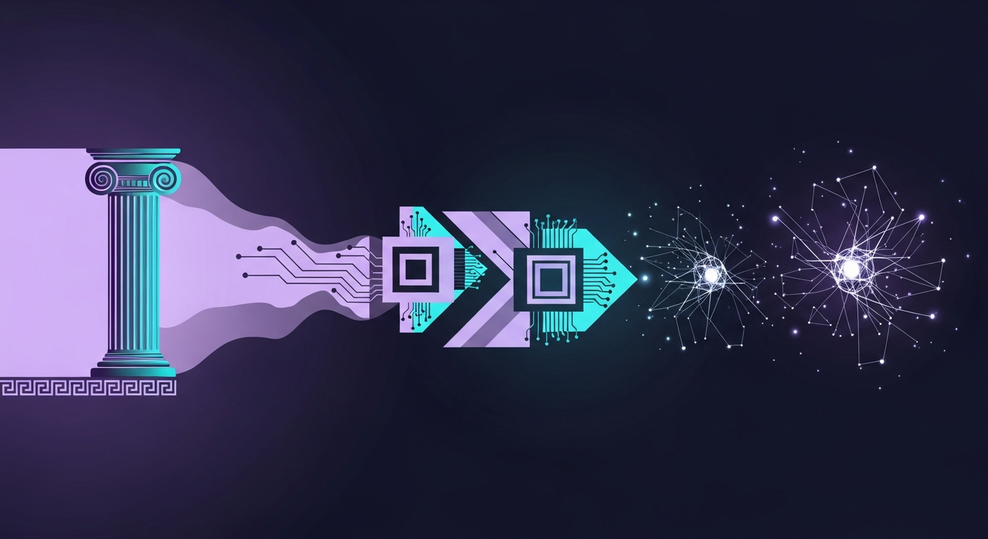 The journey of AI from ancient myths to the future — illustrative artwork